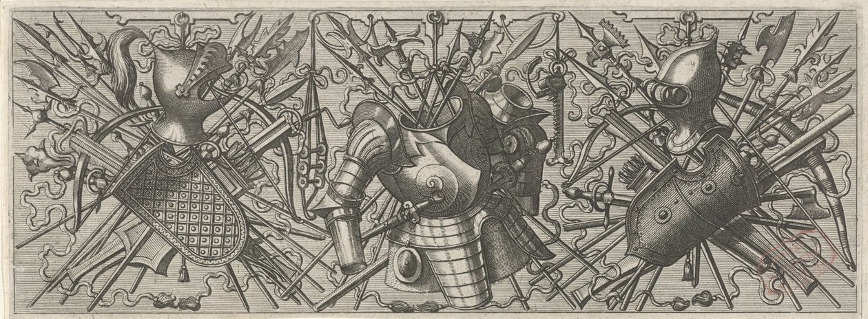 Vlevo vlys s přilbou, štítem a zkříženými tyčovými zbraněmi a kušemi Panoplia sev armamentarium… (název série) od Johannes of Lucas van Doetechum