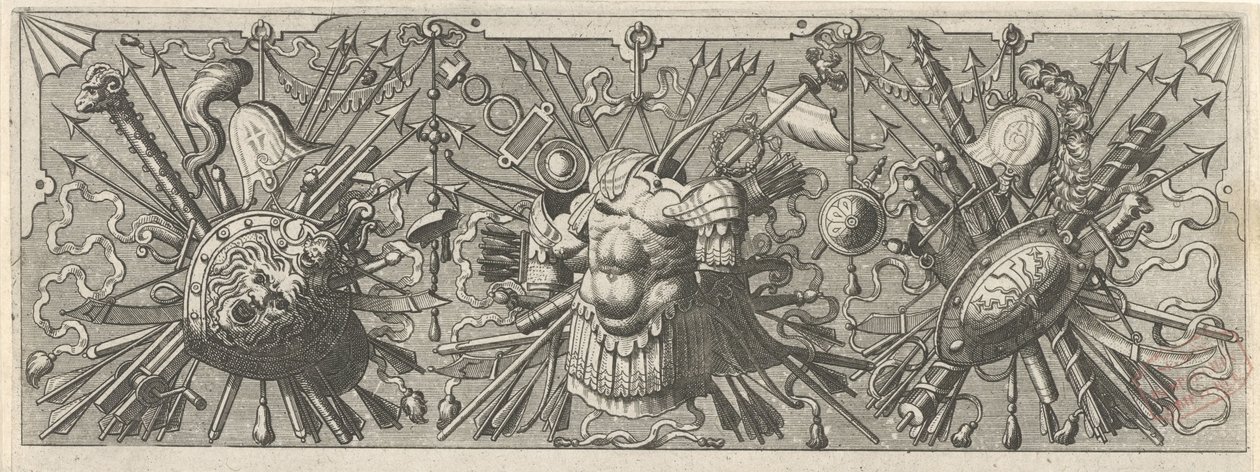 panoplia. Vlys s římskými zbraněmi, horní část Panoplia sev armamentarium… (název série) od Johannes of Lucas van Doetechum