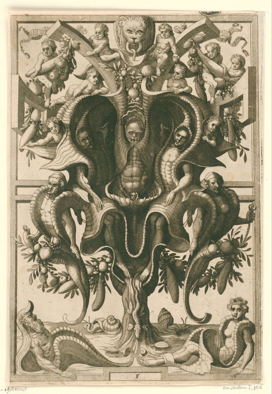 Mušle podobný ornament, ve kterém jsou uvězněny postavy. Veelderleij Wisselinghe van grotissen ende Compertimenten (...)Libro Primo (název série) od Johannes of Lucas van Doetechum