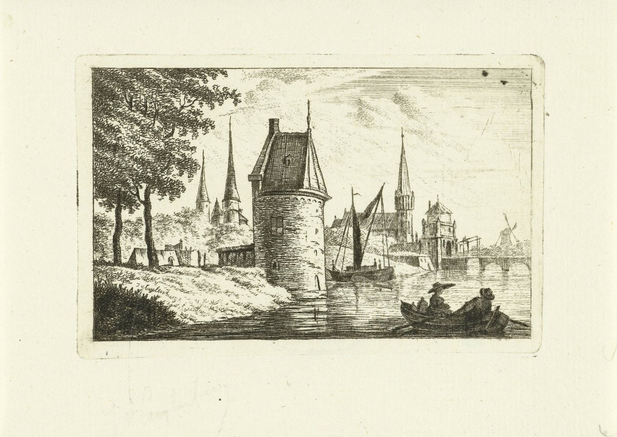 Panoráma města s věží na řece od Johannes van Cuylenburgh
