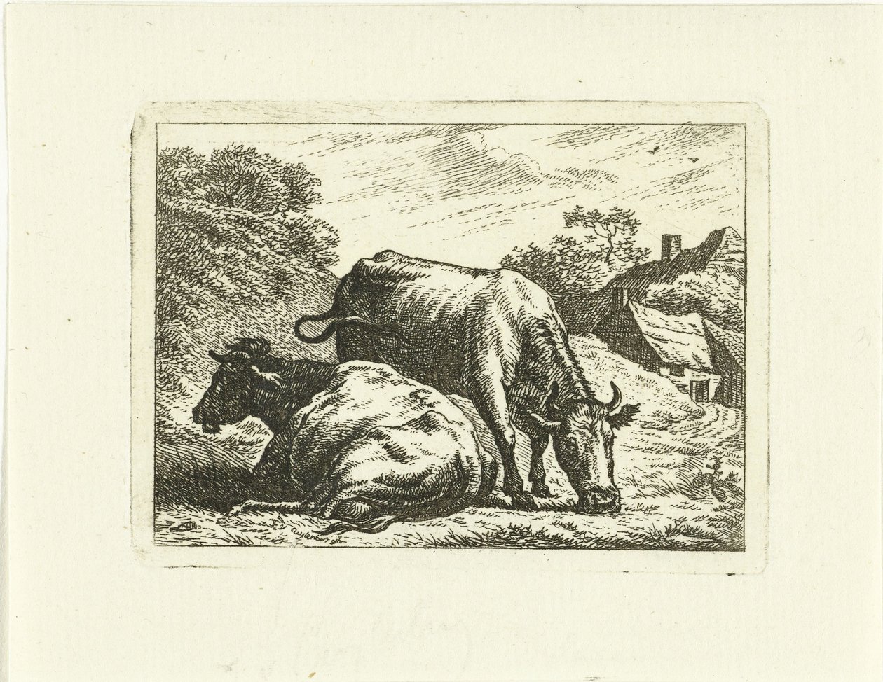 Dvě krávy podél silnice na farmě od Johannes van Cuylenburgh