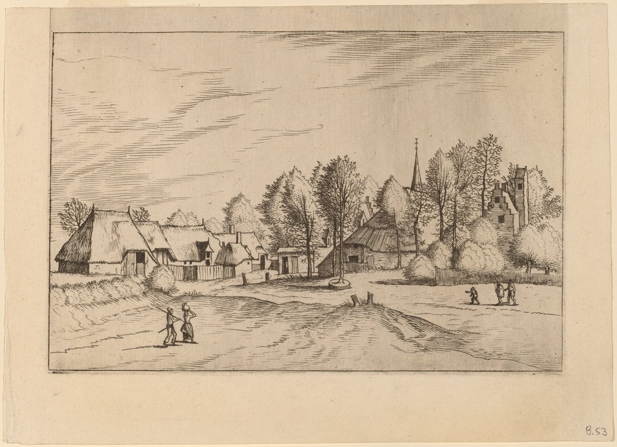 Venkovská vesnice s kostelní věží od Johannes van Doetechum, the Elder and Lucas