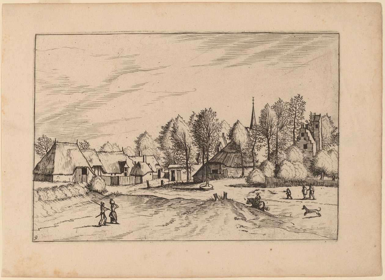 Venkovská vesnice s kostelní věží od Johannes van Doetechum, the Elder and Lucas