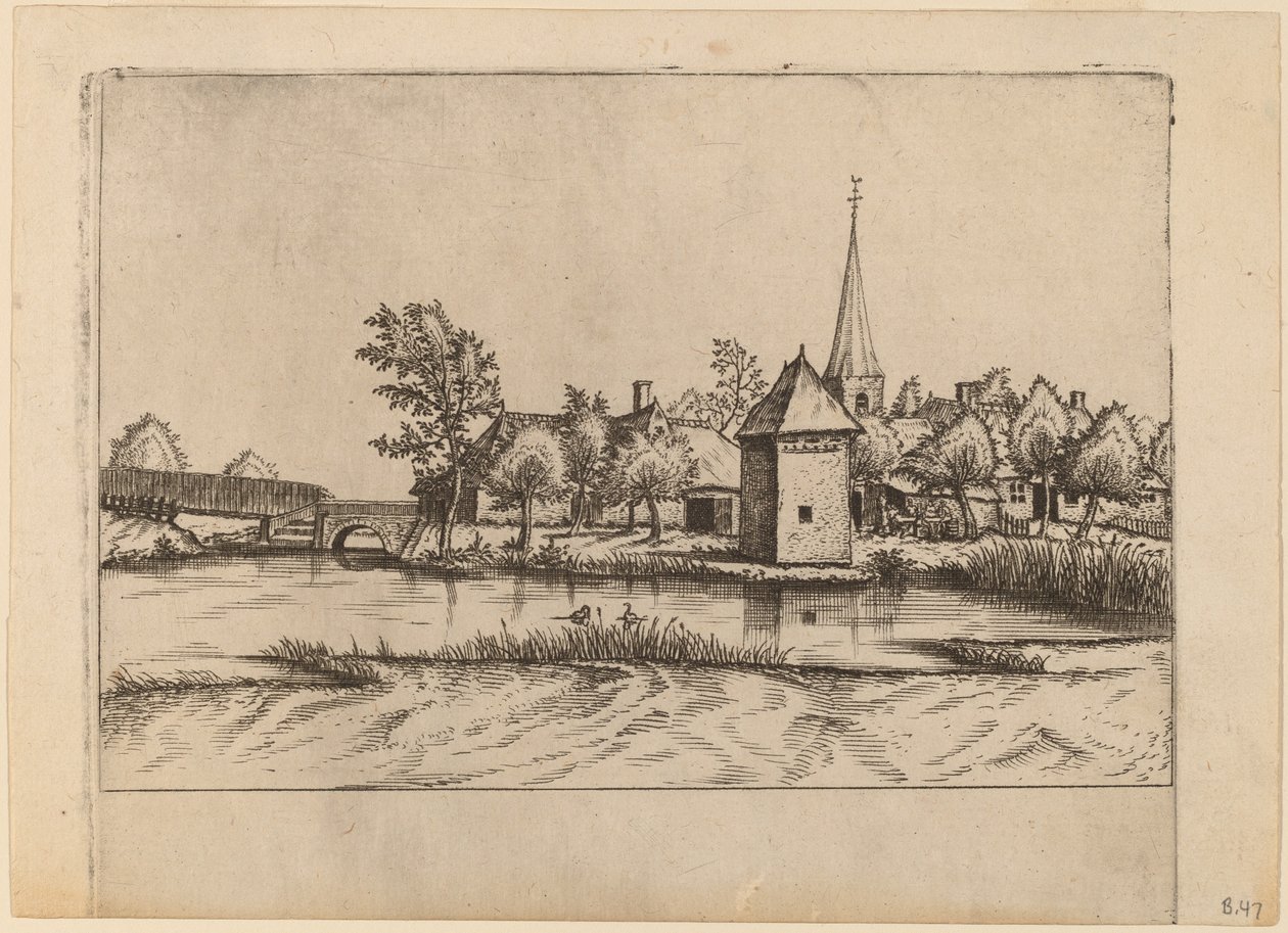 Venkovská vesnice s kostelem a mostem od Johannes van Doetechum, the Elder and Lucas