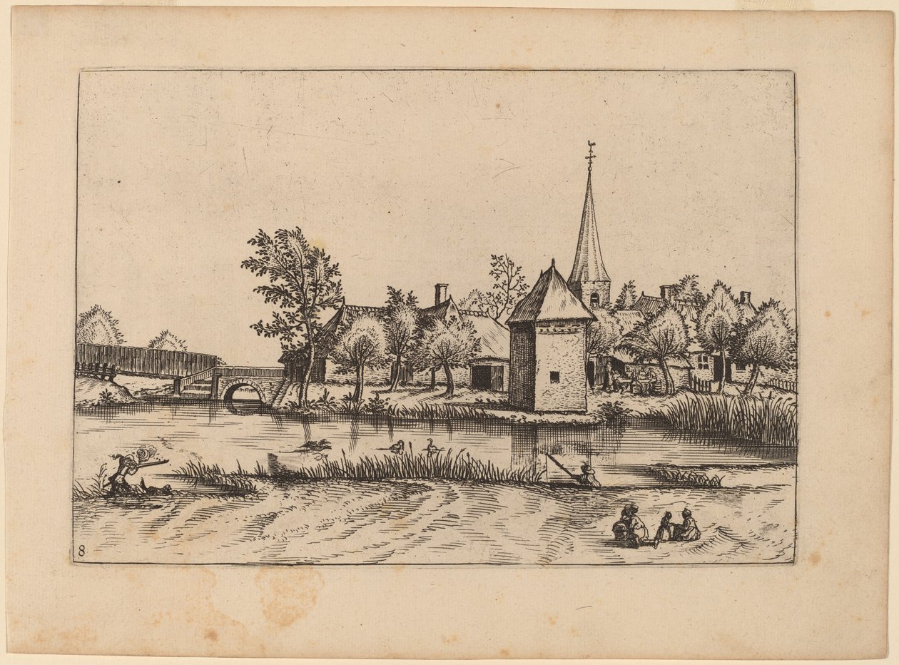 Venkovská vesnice s kostelem a mostem od Johannes van Doetechum, the Elder and Lucas