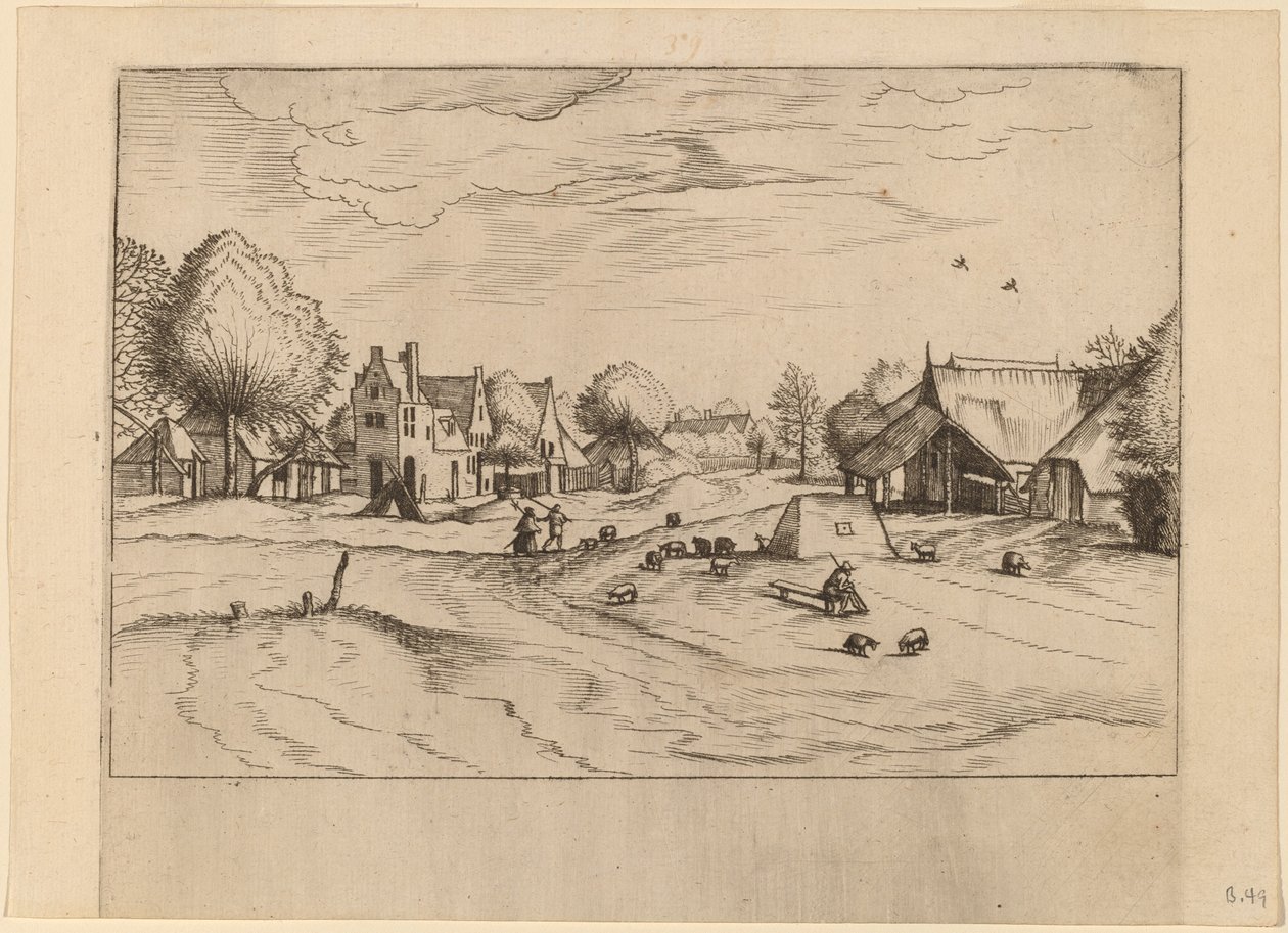 Venkovská vesnice s ovcemi a sedícím pastýřem od Johannes van Doetechum, the Elder and Lucas