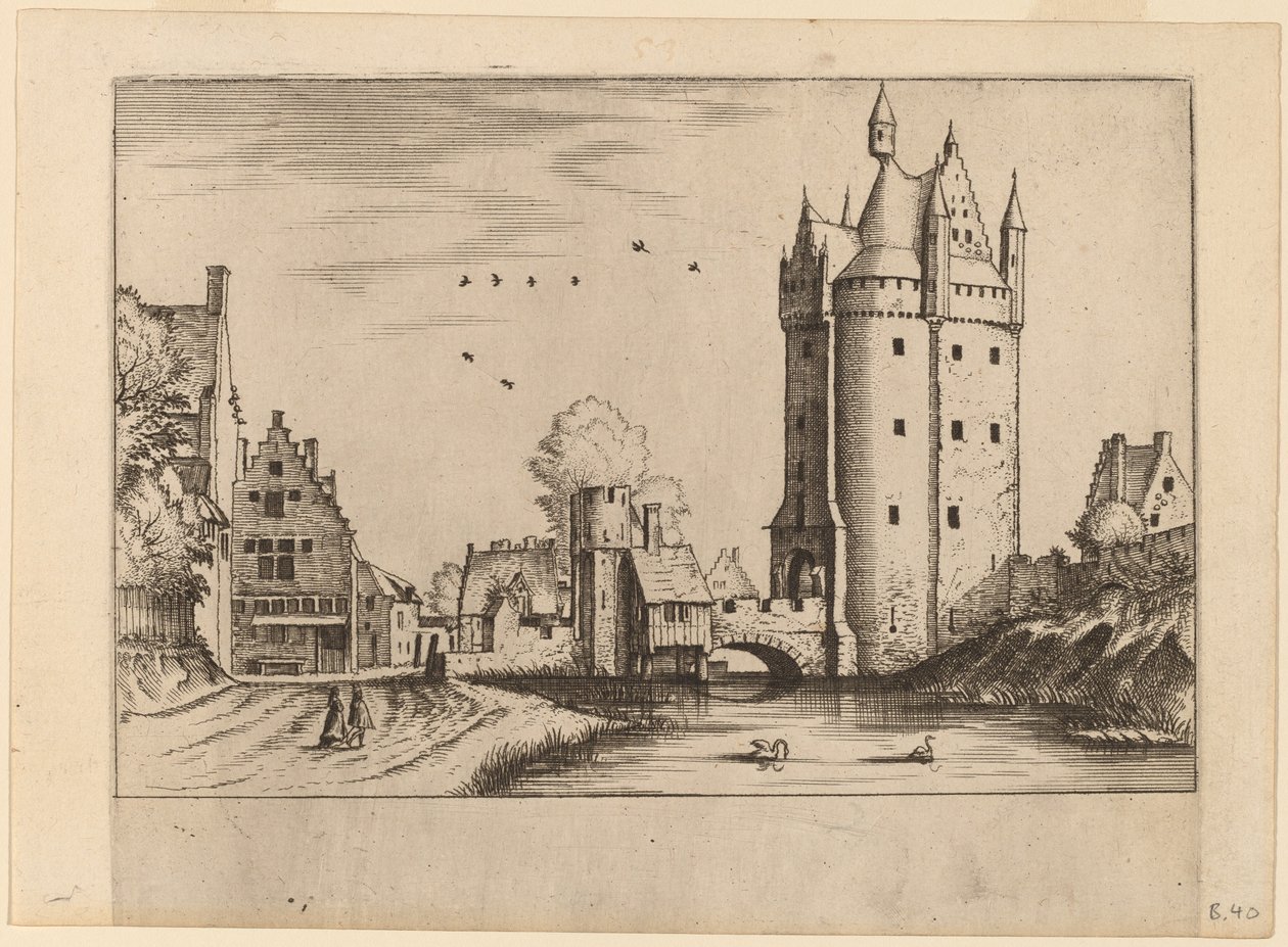 Městská brána s venkovskými domy od Johannes van Doetechum, the Elder and Lucas