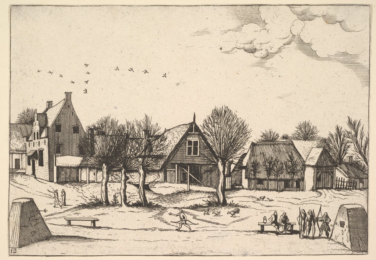 Venkovská vesnice, lukostřelci v popředí z Multifariarum casularum ruriumque linea..., 1559-61. od Johannes van Doetecum I