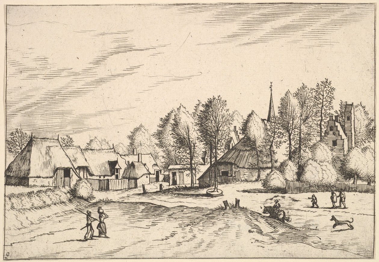 Venkovská vesnice s kostelní věží z domků Multifararum a venkovských linií..., 1559-61. od Johannes van Doetecum I