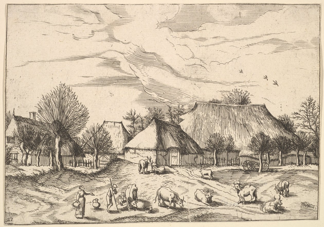 Farmy, dobytek s pastevci a dojičkami v popředí z Multifariarum casularu..., 1559-61. od Johannes van Doetecum I