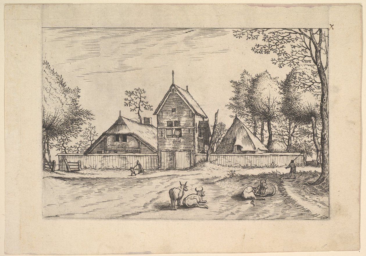 Statek, krávy a pastevec v popředí z Praediorum villarum et rusticar..., ca. 1559-61. od Johannes van Doetecum I
