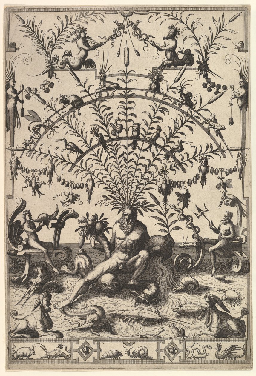 Moderní groteskní dekorace s bohem řeky, 1557. od Johannes van Doetecum I