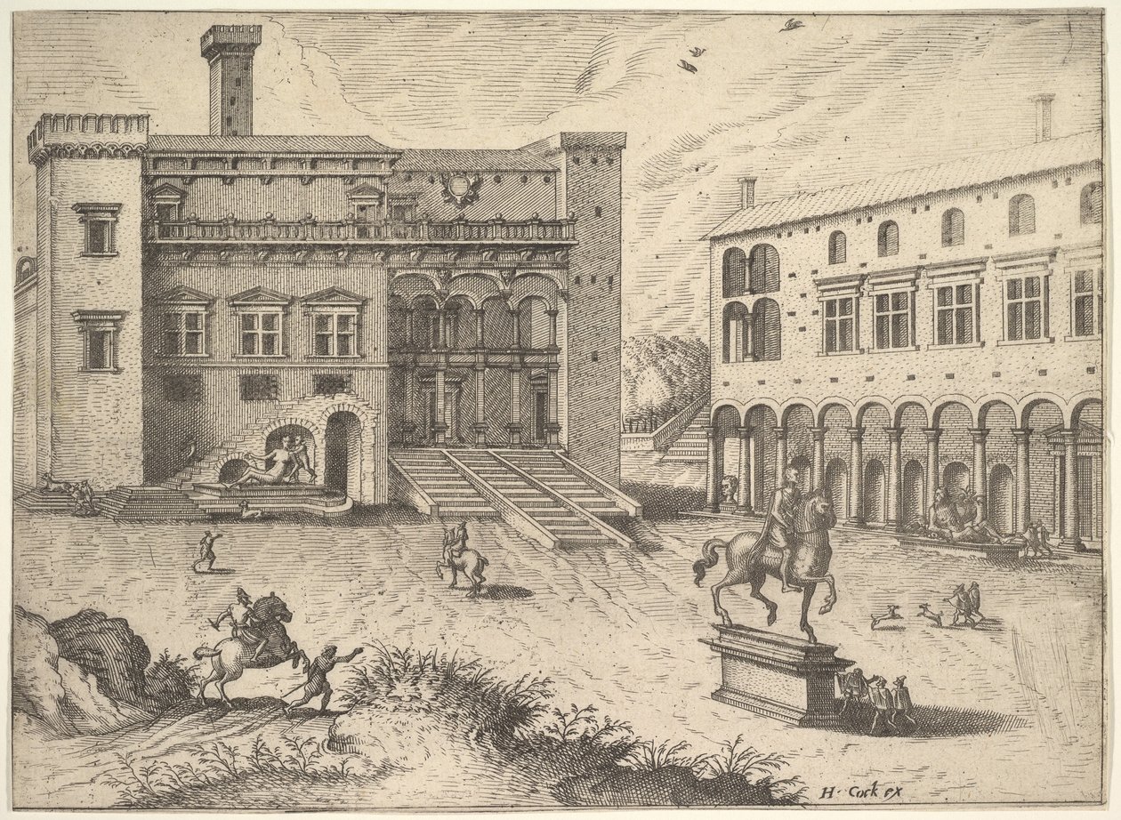 Pohled na Campidoglio na Capitoline Hill, s jezdeckou sochou vpravo dole, z..., 1562. od Johannes van Doetecum I