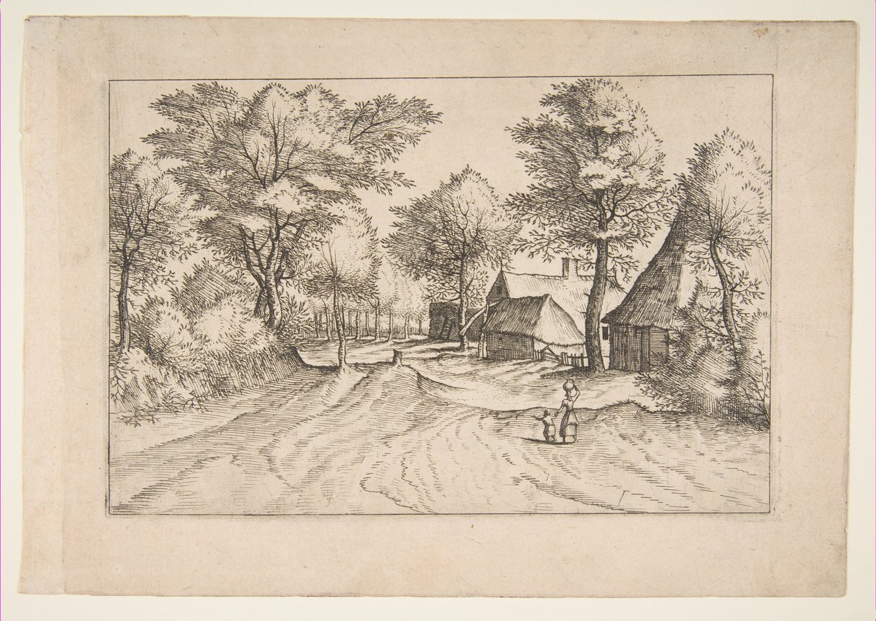 Vesnická cesta s farmou a kůlnami, ze série, The Small Landscapes Multifariaru..., 1559-61. od Johannes van Doetecum I