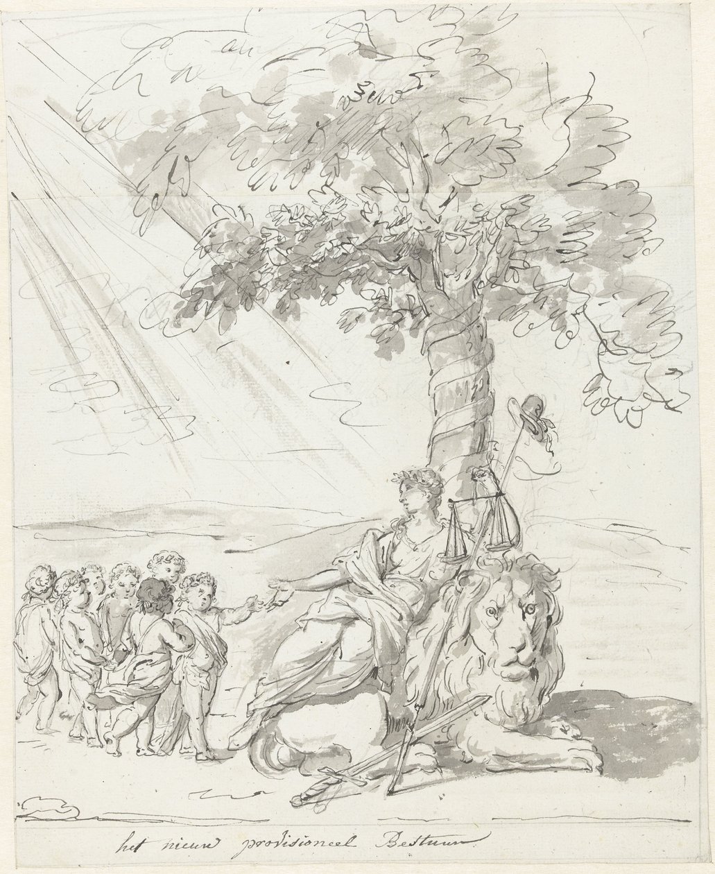 Založena lidová vláda, dekorace na Amstelveldu, 1795 Nová prozatímní rada (název na předmět) od Johannes van Dregt (rejected attribution)