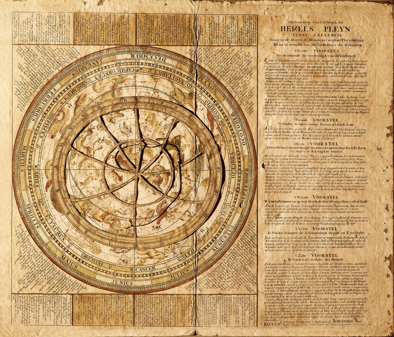 Planisphere celeste realizoval par le cartographe hollandais Johannes van Keulen (1654-1715). Les constellations sont representees et un cercle mobile permet de suivre la position des etoiles en fonction du mois de l