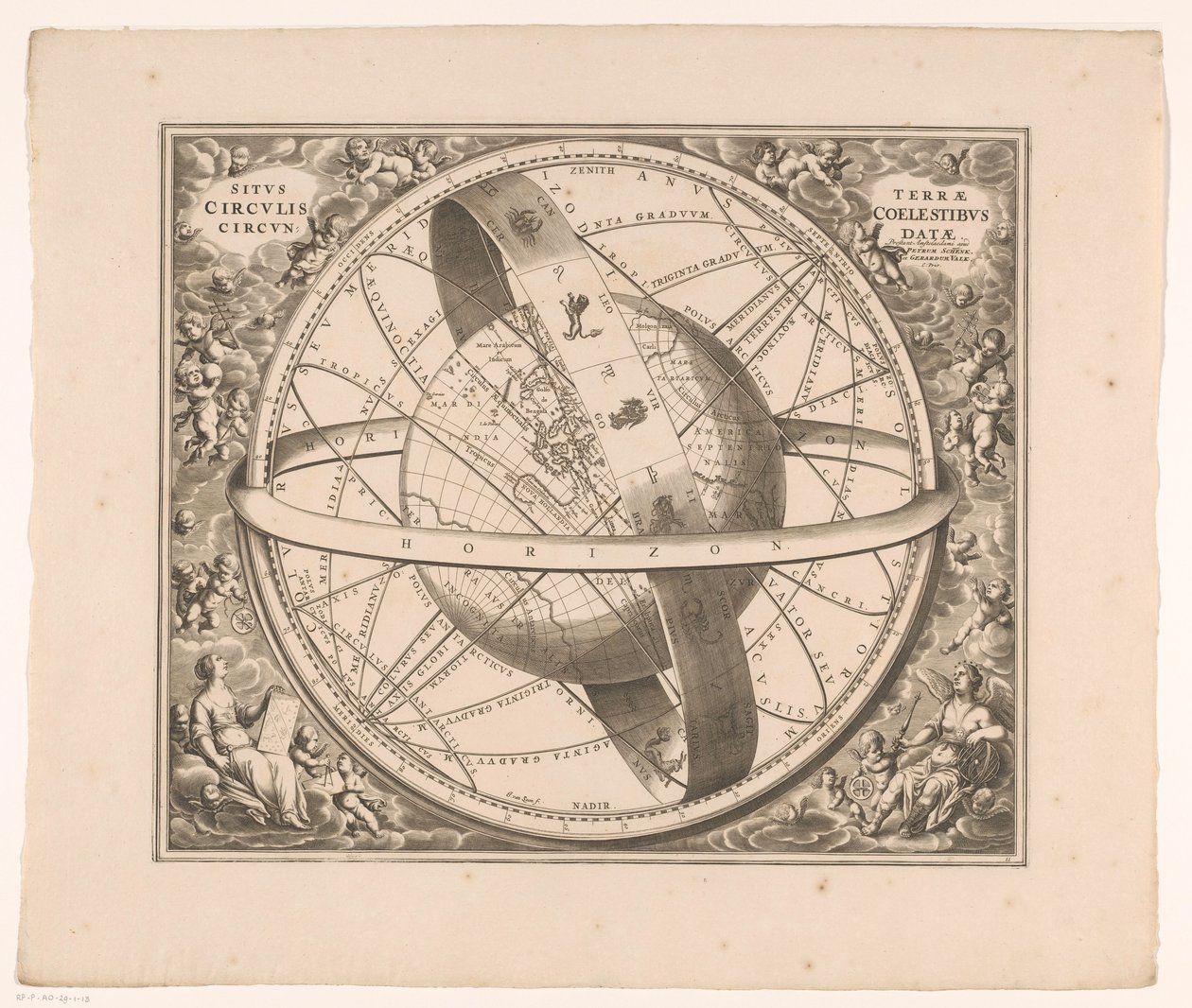 Hemelkaart van de aarde volgens het stelsel van Ptolemaeus Poloha Země obklopené nebeskými kruhy (nadpis na objektu) od Johannes van Loon