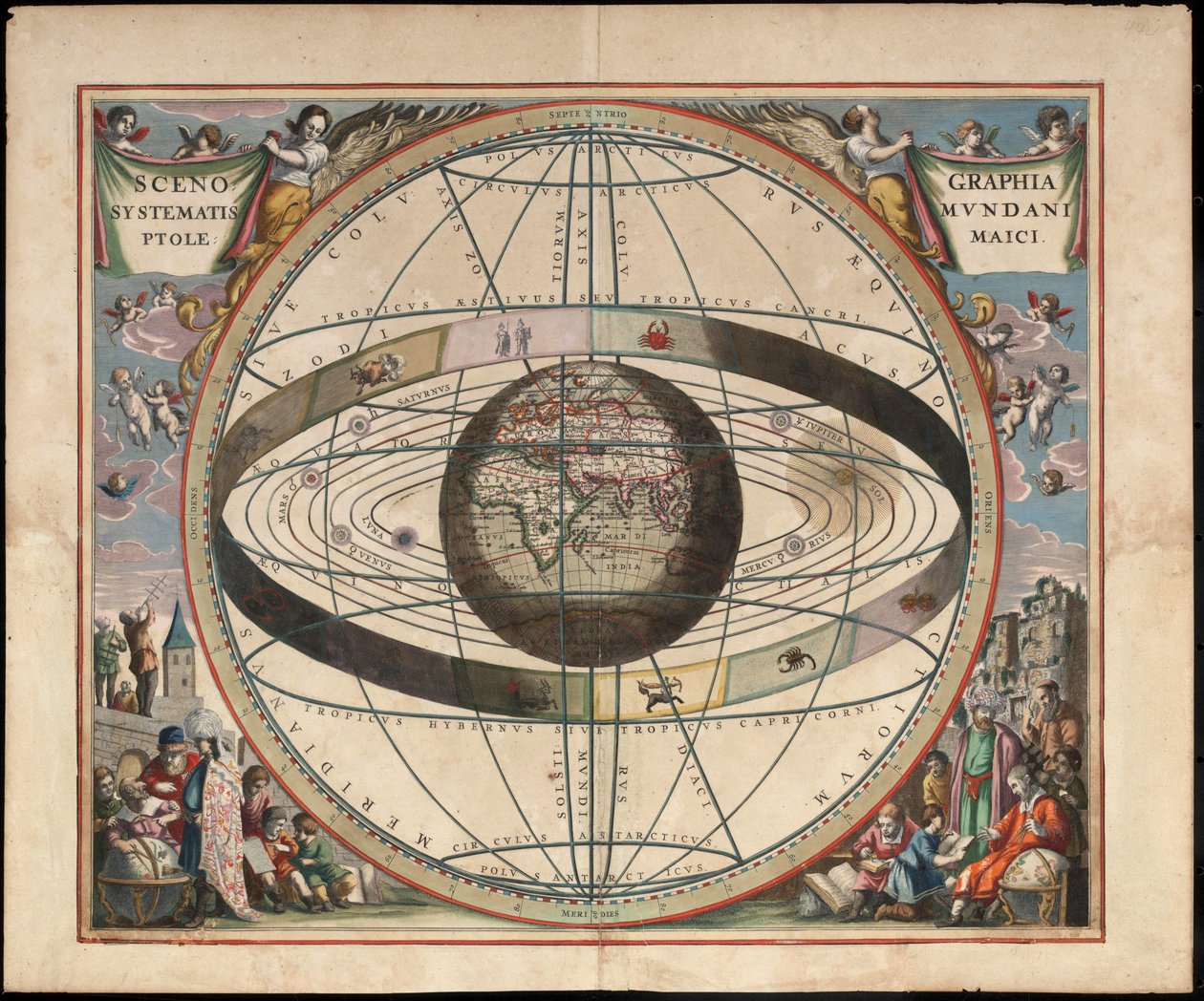 Scénografie ptolemaiovské kosmografie Od Andrease Cellariuse Harmonia Macrocosmica, c. 1660 od Johannes van Loon