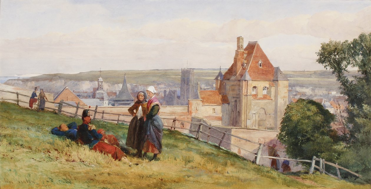 Pohled na Dieppe z útesů nad zámkem, kolem roku 1865 (wc und kvaš na papíře) od John Absolon