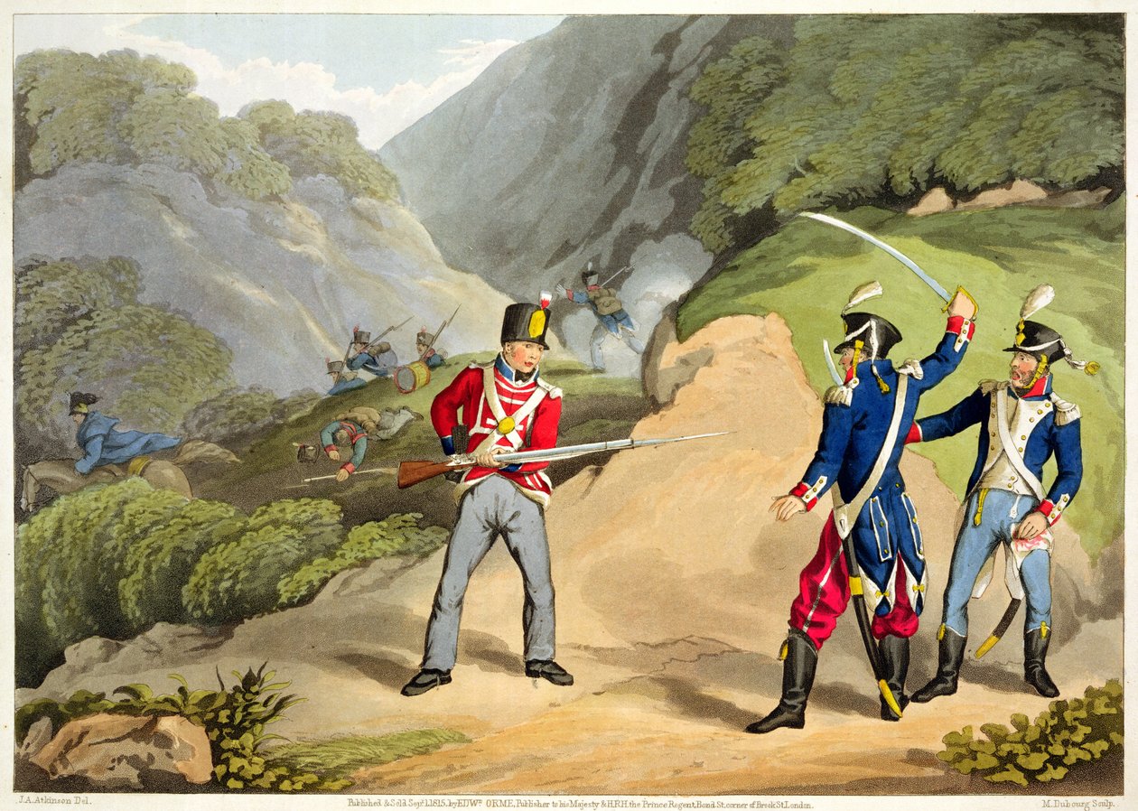 Britský voják zajímající dva francouzské důstojníky v bitvě u Pyrenejí, rytina Matthewa Dubourga (fl.1813-20) z knihy "Historic, Military and Naval Anecdotes", kterou vydal Edward Orme (1774-c.1820) 18 od John Augustus Atkinson