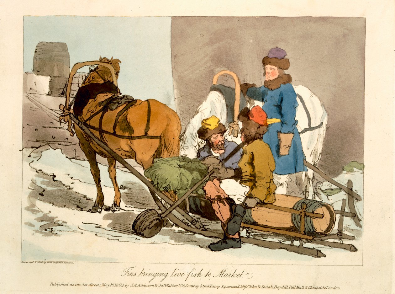 Ploutve přinášející živé ryby na trh, vyleptané umělcem, vydané v roce 1804 od John Augustus Atkinson
