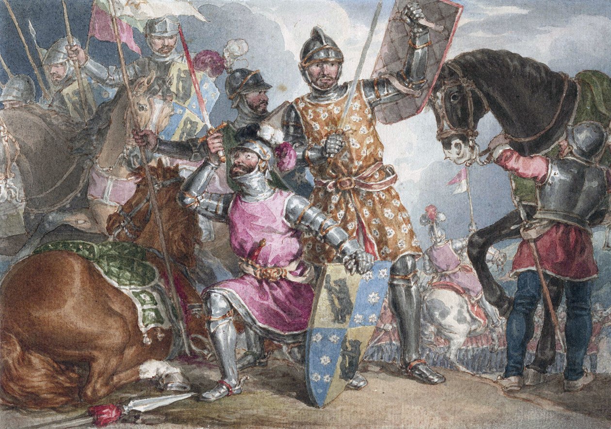 King Henry VI, part III, act II, scene III, Warwick, Edward, and Richard at the Battle of Towton od John Augustus Atkinson