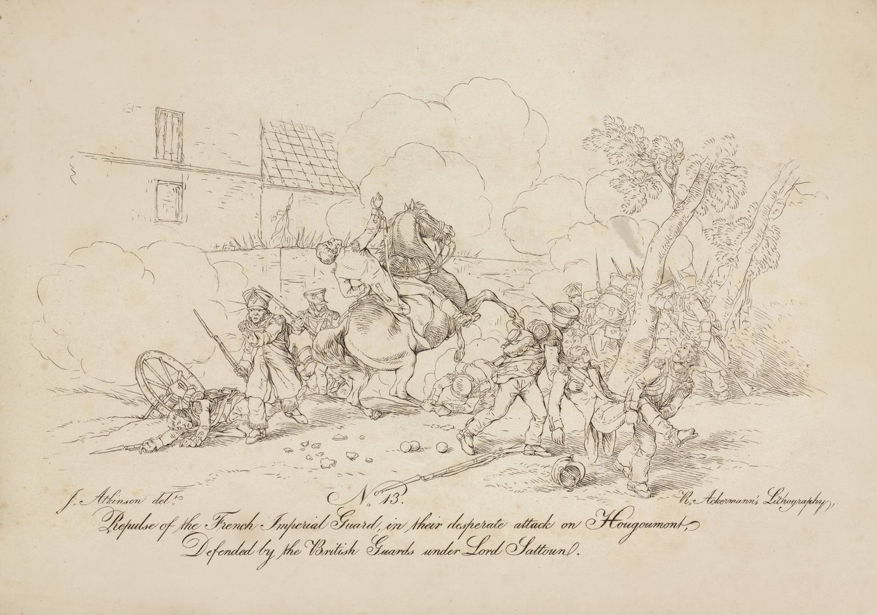 Odražení francouzské císařské gardy při jejich zoufalém útoku na Hougoumont, bráněný britskými strážemi pod vedením lorda Saltouna, litografie R. Ackermanna, 1815 od John Augustus Atkinson