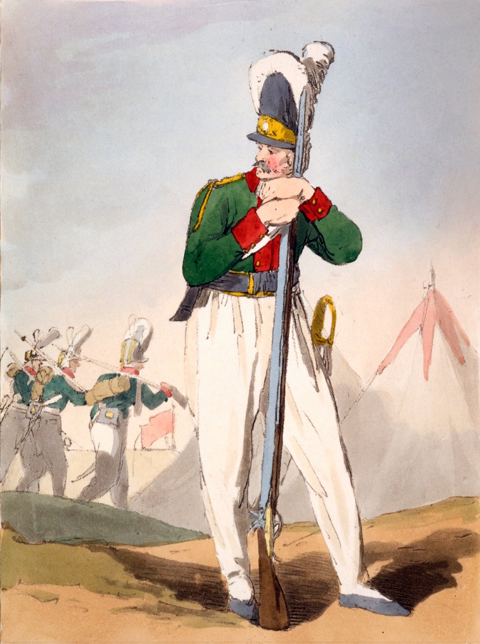 Ruský voják, ilustrace z knihy The Manners, Customs und Amusements of the Russian James Walker, vydané 1803-4 (lept akvatinty) od John Augustus Atkinson