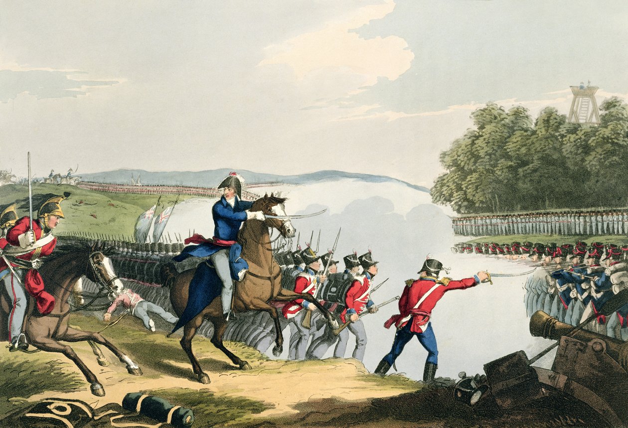 Bitva u Waterloo, kterou rozhodl vévoda z Wellingtonu, vyryl Matthew Dubourg (fl.1813-20) z knihy "Historic, Military and Naval Anecdotes", vyd. Edward Orme (1774-c.1820) 1815 (akvatinta) od John Augustus Atkinson