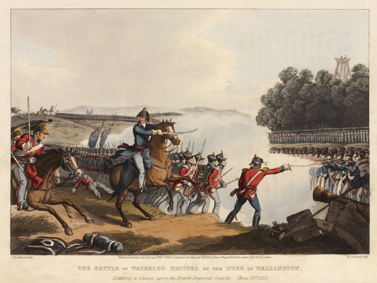 Bitva u Waterloo, kterou rozhodl vévoda z Wellingtonu v čele útoku na francouzskou císařskou gardu, 18. června 1815, vyryl M. Dubourg, 1819 (kolorovaná akvatinta) od John Augustus Atkinson
