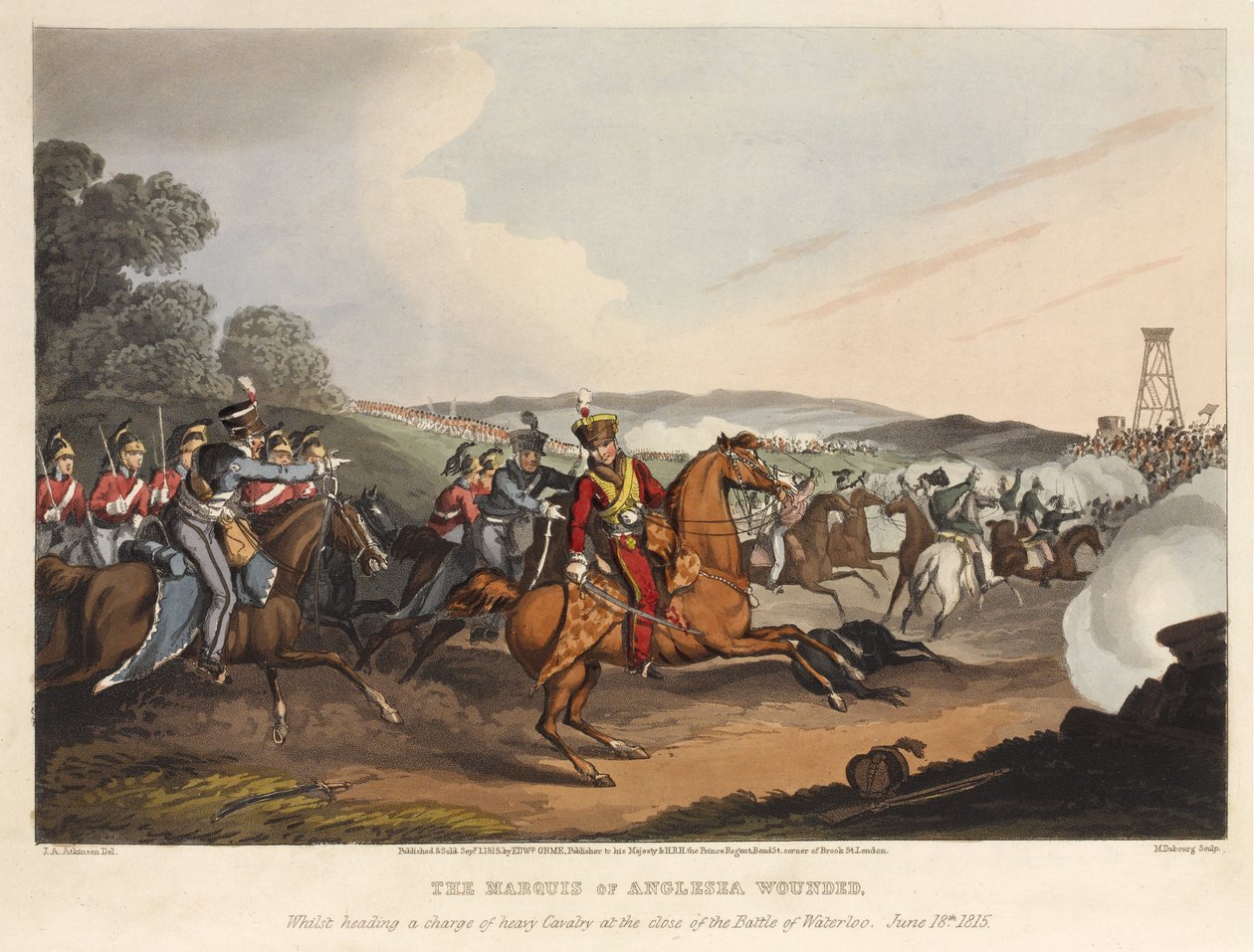 Markýz z Anglesea [sic] zraněn, když vedl útok těžké jízdy na konci bitvy u Waterloo, 18. června 1815, vyryto M. Dubourgem, 1819 (barevná akvatinta) od John Augustus Atkinson