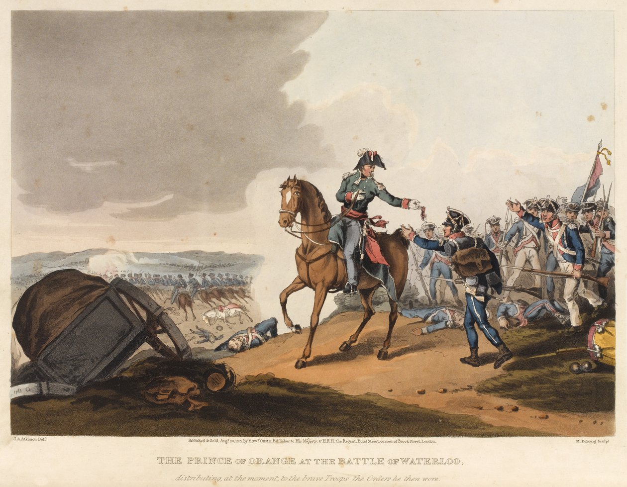 Princ Oranžský v bitvě u Waterloo, který v tuto chvíli rozdává statečným jednotkám řády, které tehdy nosil, vyryl M. Dubourg, 1819 (barevná akvatinta) od John Augustus Atkinson