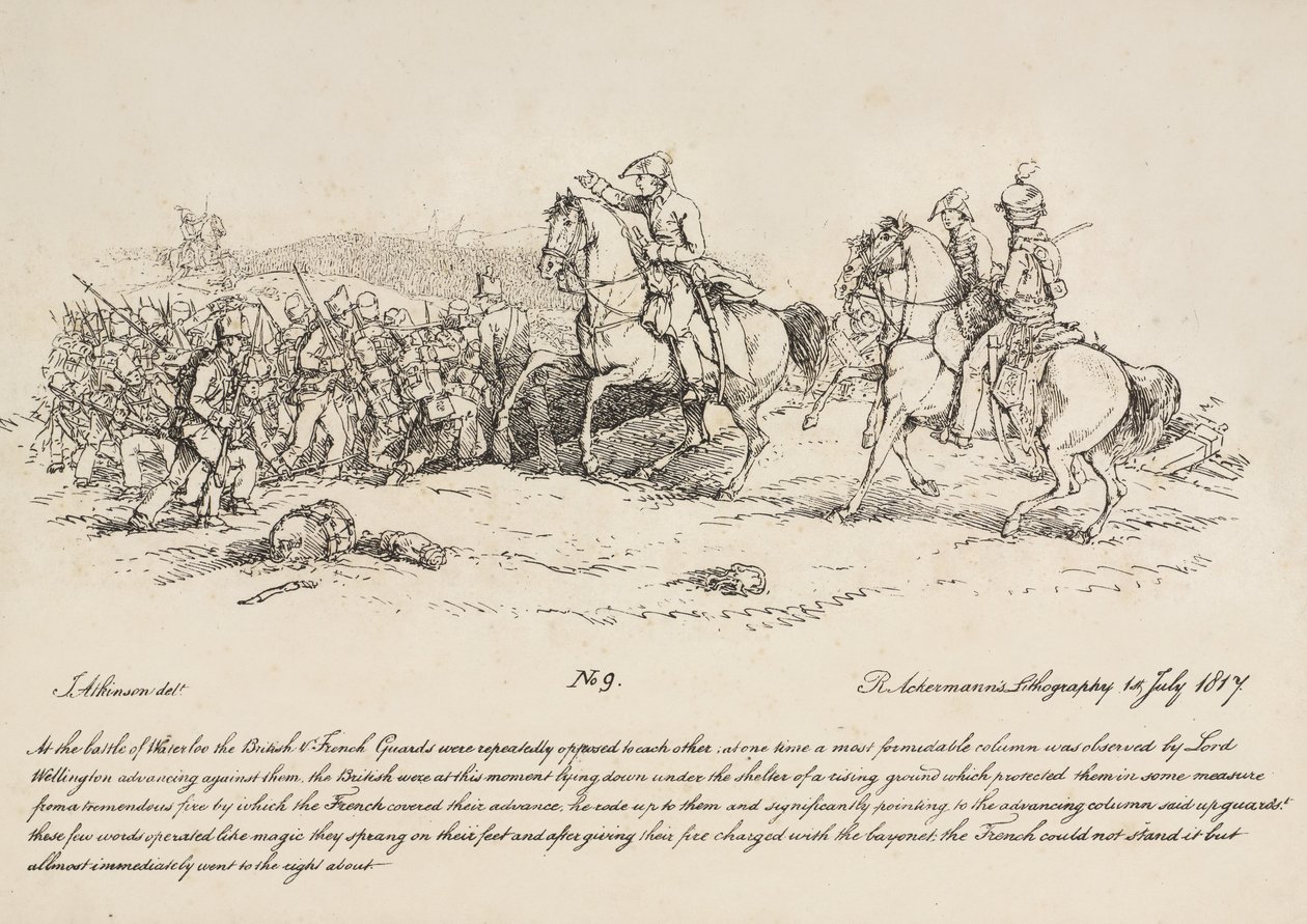 Wellington řídí útok stráží proti koloně Francouzů u Waterloo, litografie R. Ackermanna, 1815 od John Augustus Atkinson