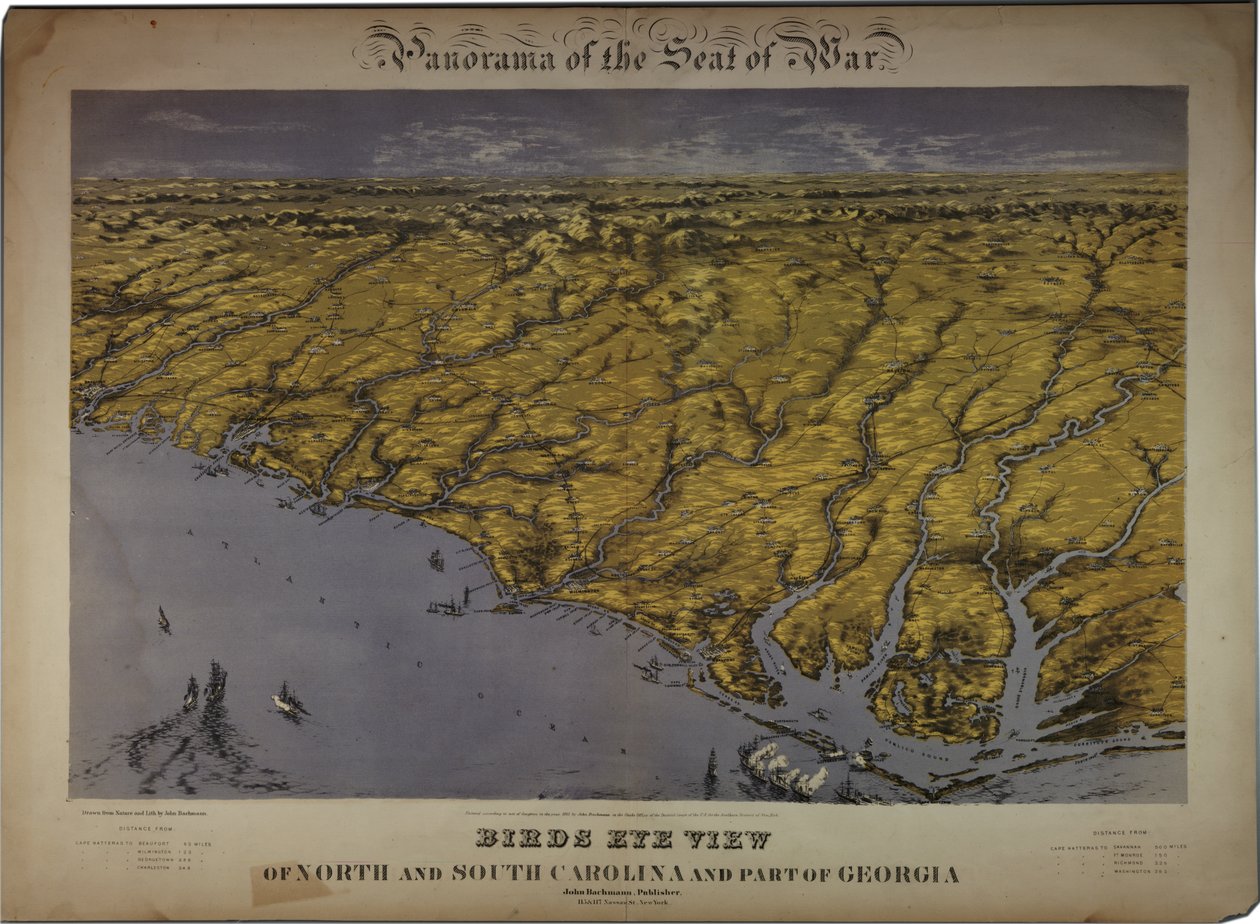 Panorama of the Seat of War: Pohled z ptačí perspektivy na Severní a Jižní Karolínu a část Georgie, 1861 od John Bachmann