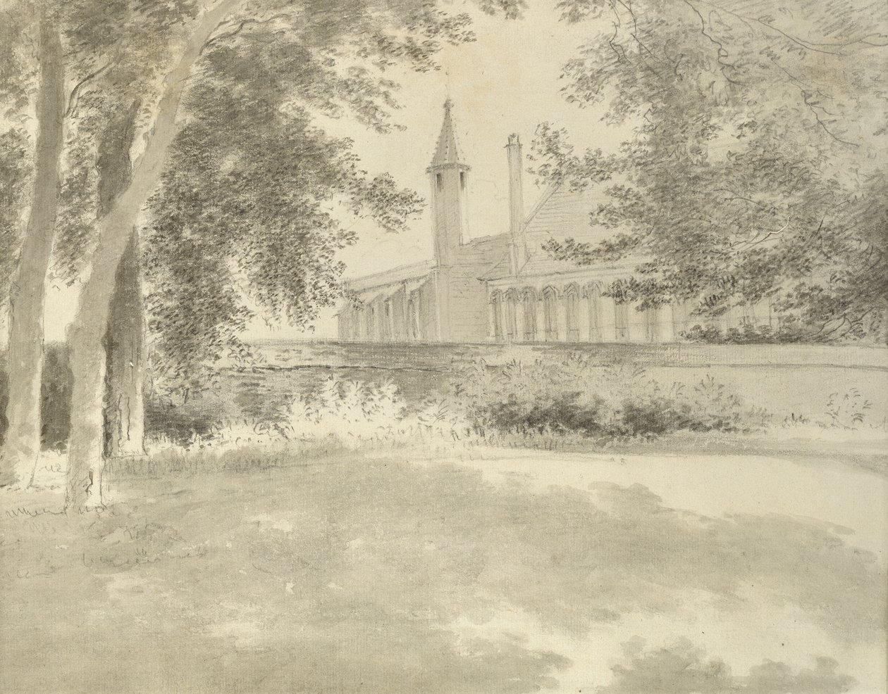 Balliol Chapel and Library from the Grove, 2. srpna 1783 (šedá barva přes grafit) od John Baptist Malchair
