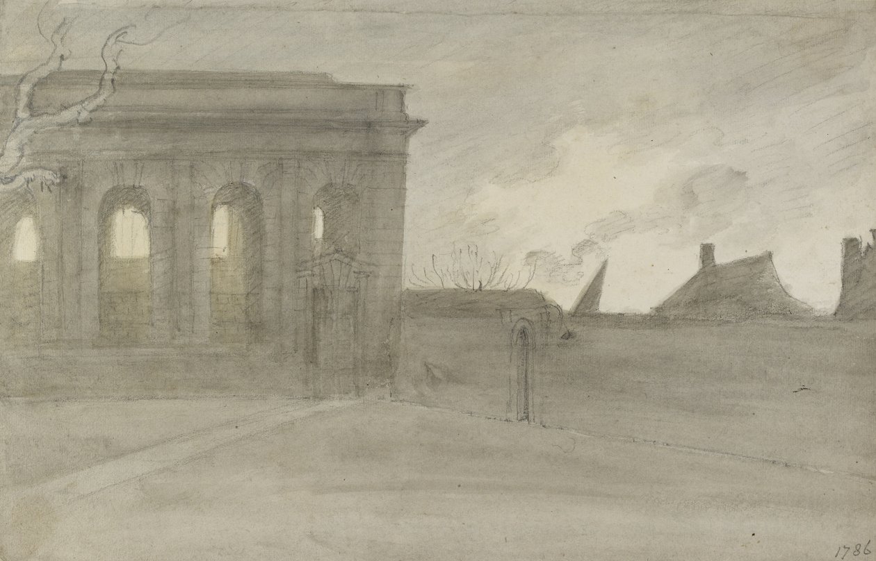 Pembroke Coll. Oxon., 9. listopadu 1786 (šedé a bistrové výplachy přes grafit) od John Baptist Malchair