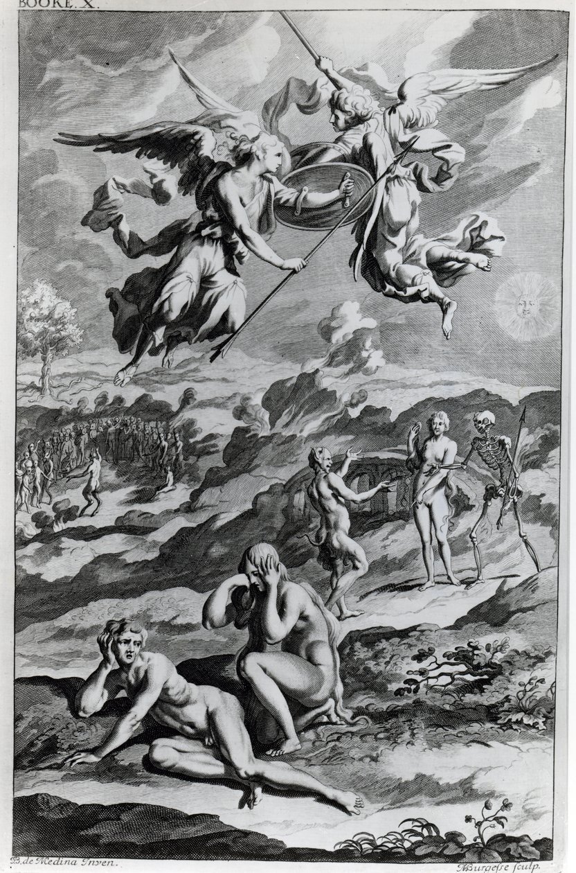 Adam a Eva po pádu, ilustrace z knihy Johna Miltona "Ztracený ráj", vyryl Michael Burghers, šesté vydání 1695. od John Baptist de Medina
