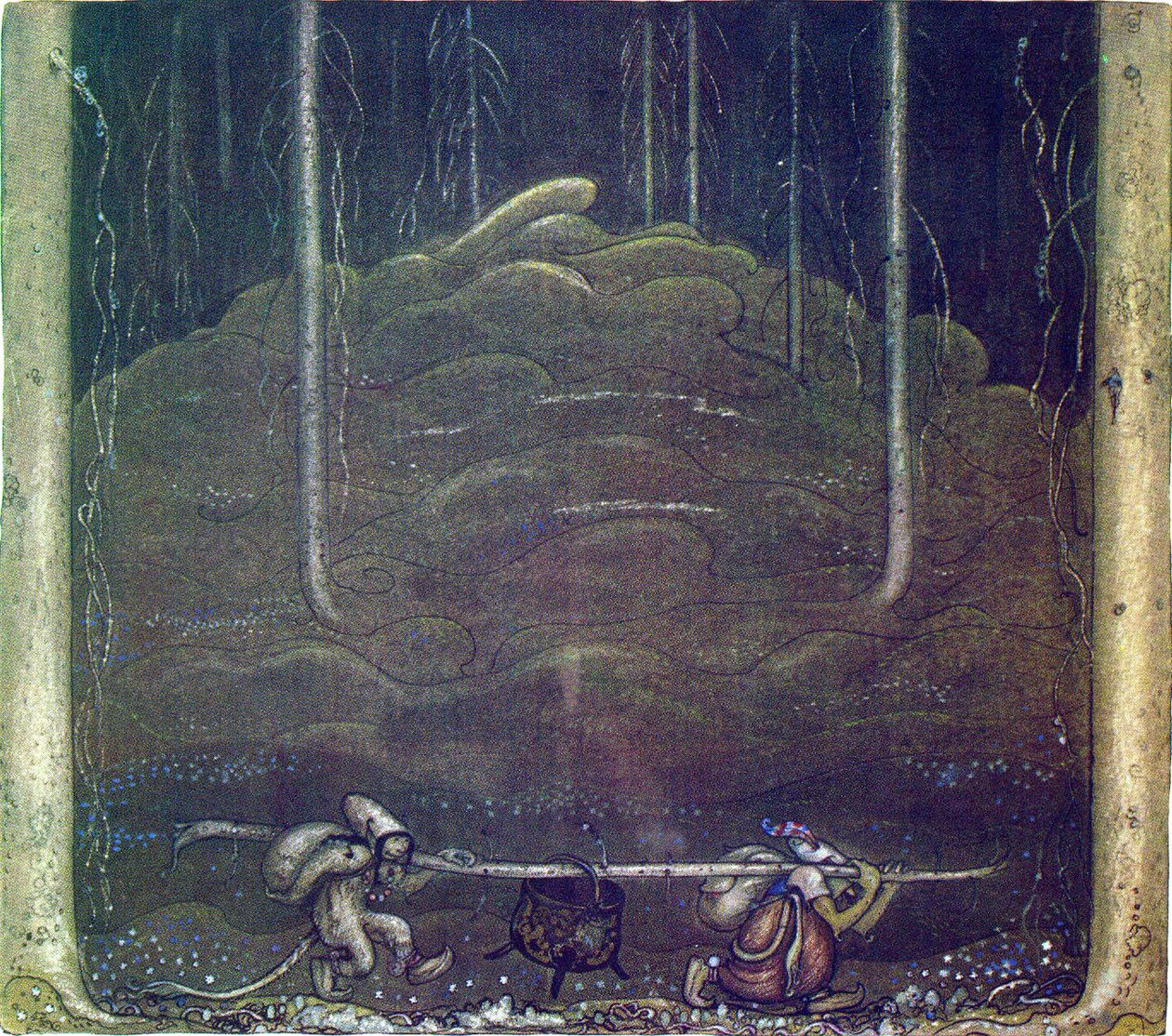 Když nastal večer, trollí matka a chlapec se vyplížili z hory. Mezi sebou na klacku nesli kotel trollů od John Bauer