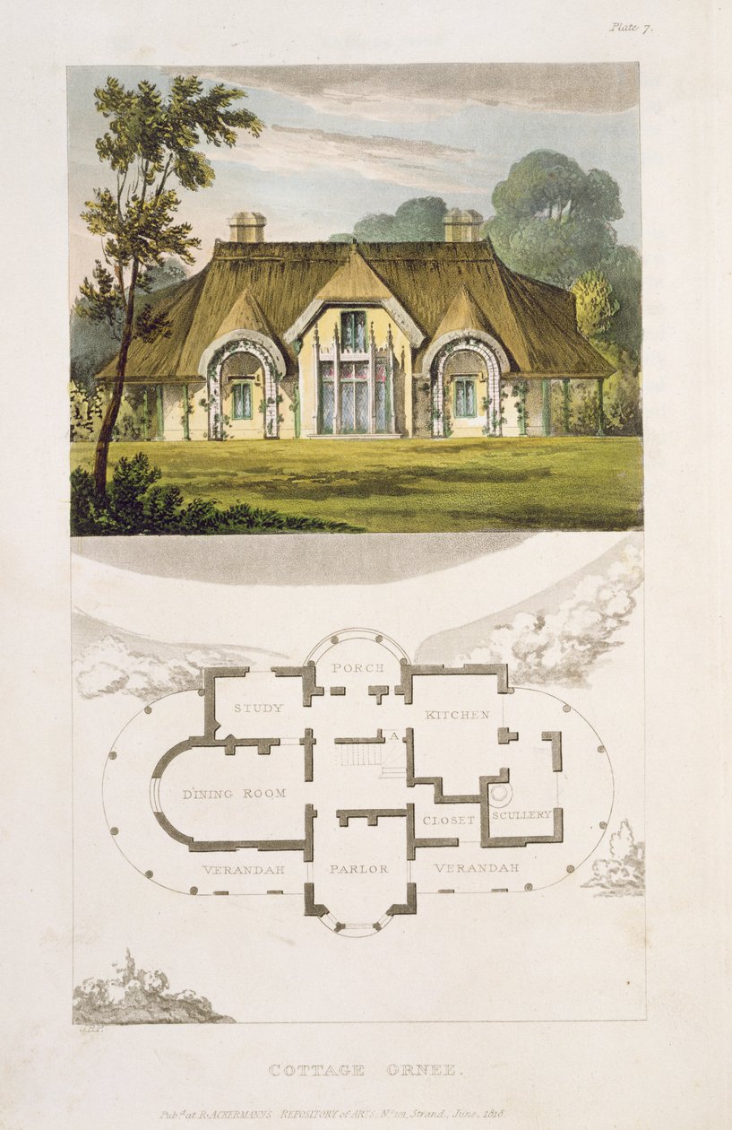 Zdobená chalupa, z Ackermannova "Repository of Arts", 1818 od John Buonarotti Papworth