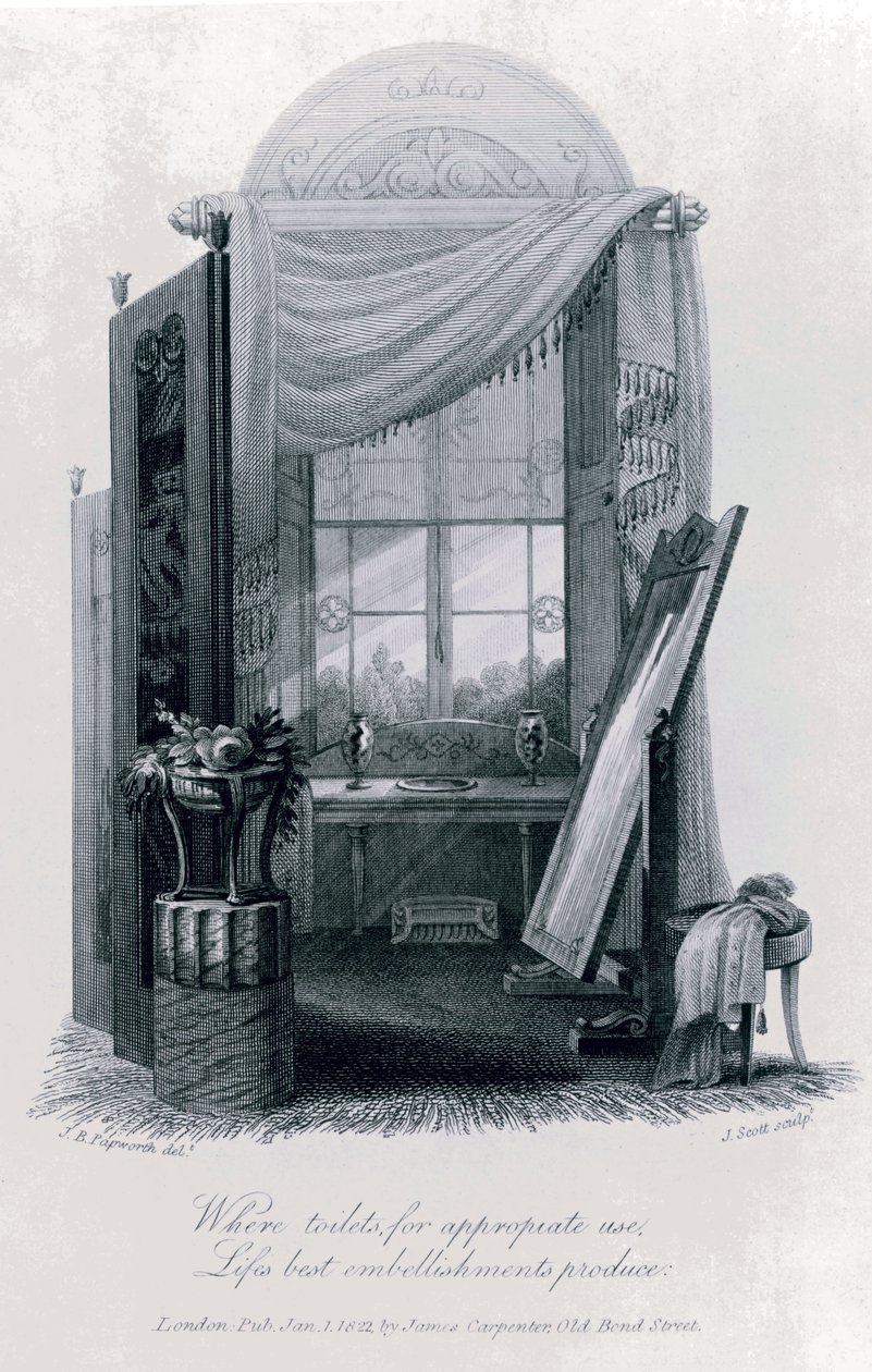 Design pro gerciánský nábytek (šatna) od J. B. Papwortha ze Společenského dne od Petera Coxe, 1823, rytina od John Buonarotti Papworth