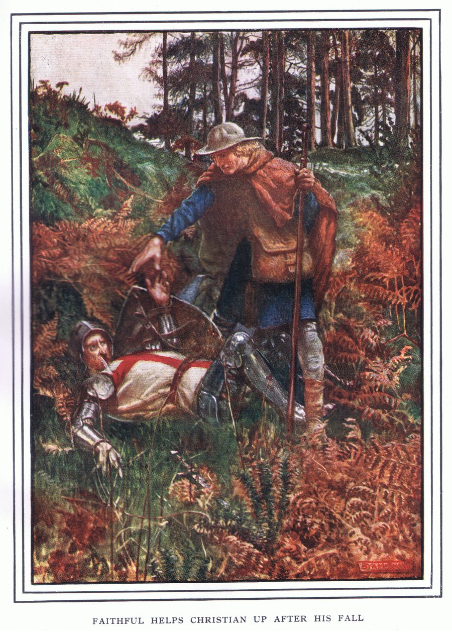 Faithful pomáhá Christianovi vstát po jeho pádu od John Byam Liston Shaw