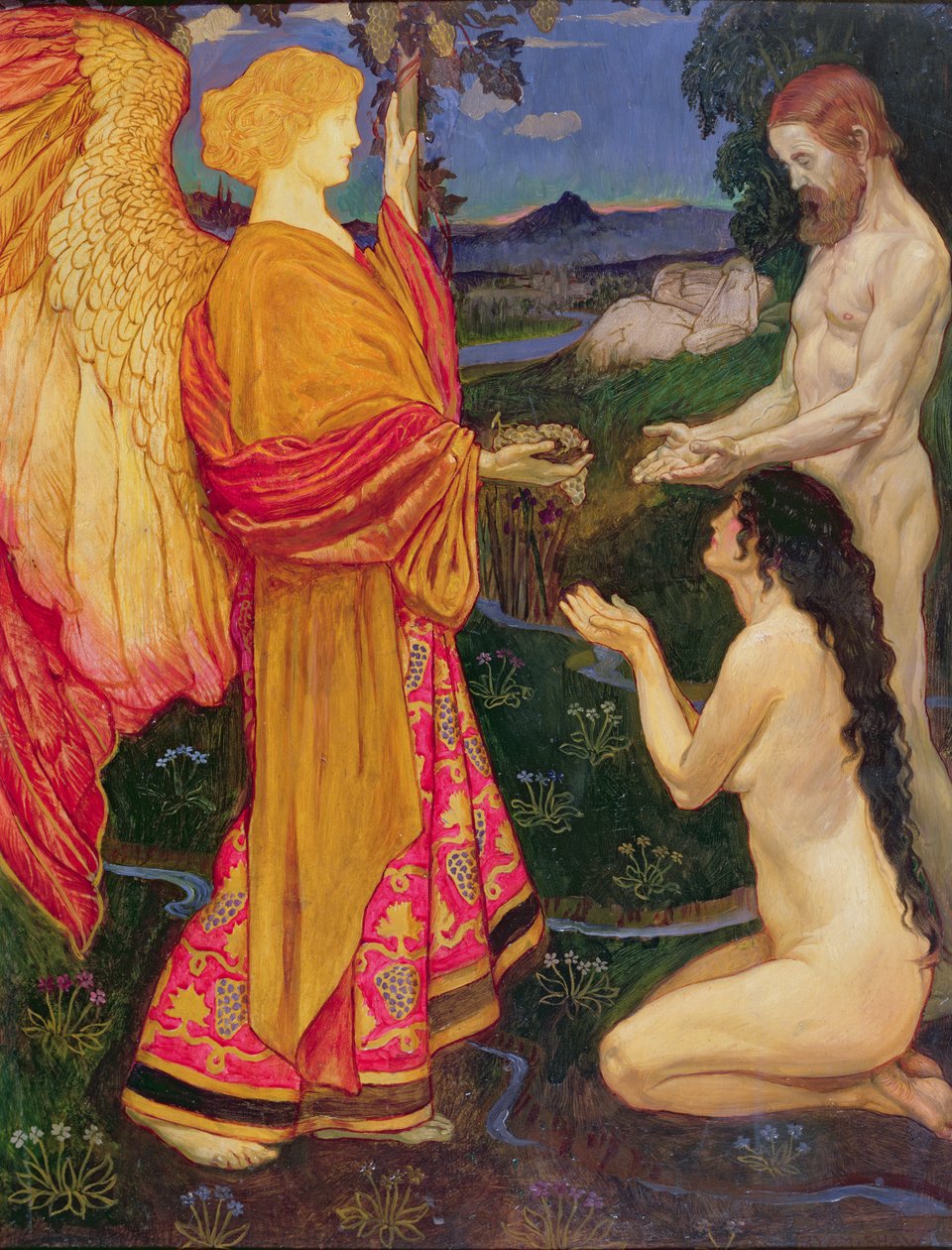 Anděl nabízí ovoce rajské zahrady Adamovi a Evě od John Byam Liston Shaw