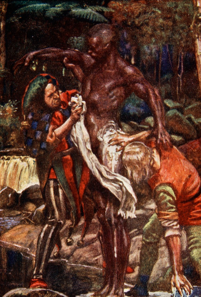 Viděli jednoho muže jménem Blázen a dalšího, který se jmenoval Want-Wit, jak myl muže, který pocházel ze země, kde byli všichni černí, ilustrace z Pokroku poutníka od Johna Bunyana, vyprávěný Mary Macgr. od John Byam Liston Shaw