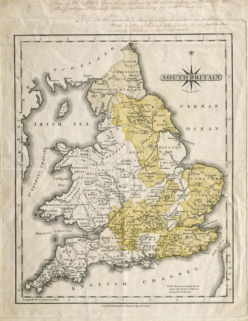 Mapa jižní Británie, barevná pro zobrazení geologických oblastí zájmu, anotovaná Williamem Smithem (1769-1839) od John Cary