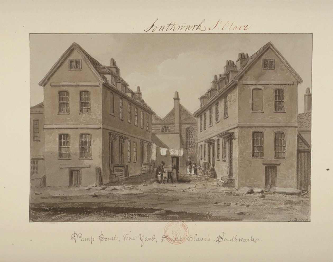 Pohled na postavu sbírající vodu v Pump Court, Vine Yard, Bermondsey, 1828 (mytí na papíře) od John Chessell Buckler