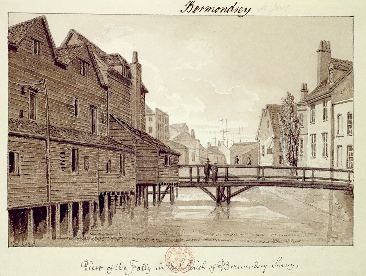 Pohled na Folly, Dockhead, Bermondsey, 1828 z „Pennant