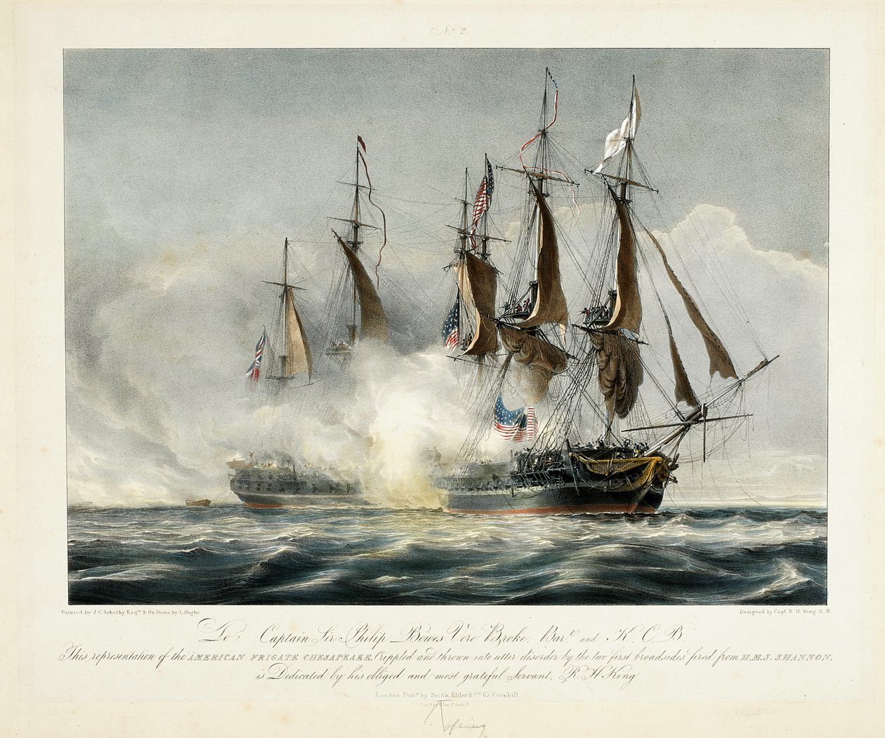 Tato reprezentace americké fregaty Chesapeake, zmrzačená a uvržená do naprostého nepořádku dvěma prvními širokými boky vypálenými z H.M.S. Shannon...., nedatováno od John Christian Schetky