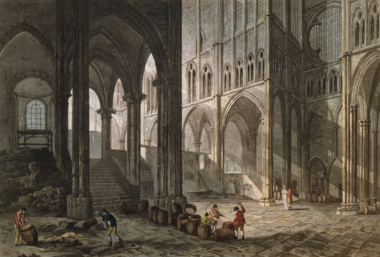 Obchodník prodávající víno v bazilice Saint-Denis, 1809 (barevná rytina) od John Claude Nattes