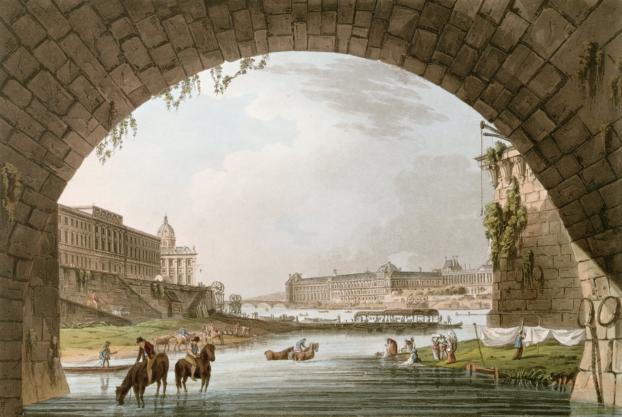 Panorama řeky Seiny zpod Pont Neuf při pohledu na západ směrem k Louvru, Monnaie a College de Quatre Nations, ilustrace k filmu "Versailles, Paris et Saint-Denis", autor nebo od John Claude Nattes