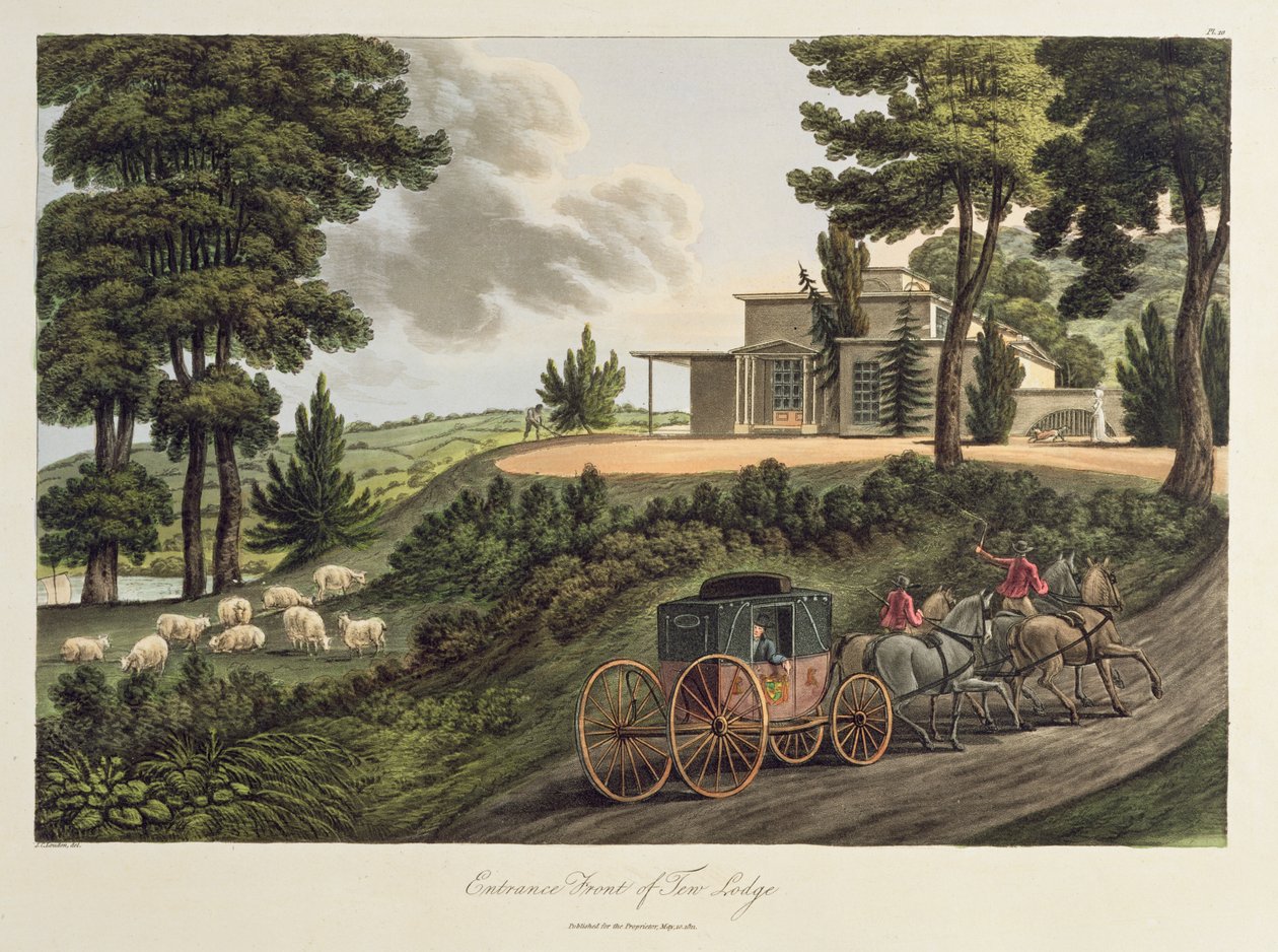 Vstupní průčelí do Tew Lodge, ilustrace z knihy Observations on Laying Out Farms in the Scotch Style, vydané v roce 1811 (akvatinta) od John Claudius Loudon